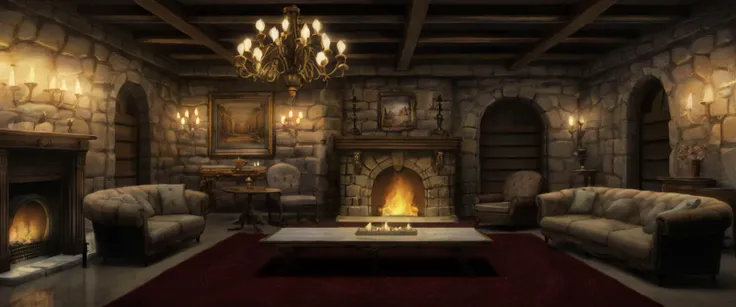 a stone castle interior during the middle of the night with chandeliers, fur rugs and a lit fireplace,  <lora:Detailed Interior Style SDXL v1:0.85>