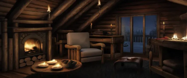 a wooden cabin interior during the middle of the night with candles with fur rugs and a lit fireplace,  <lora:Detailed Interior Style SDXL v1:0.85>