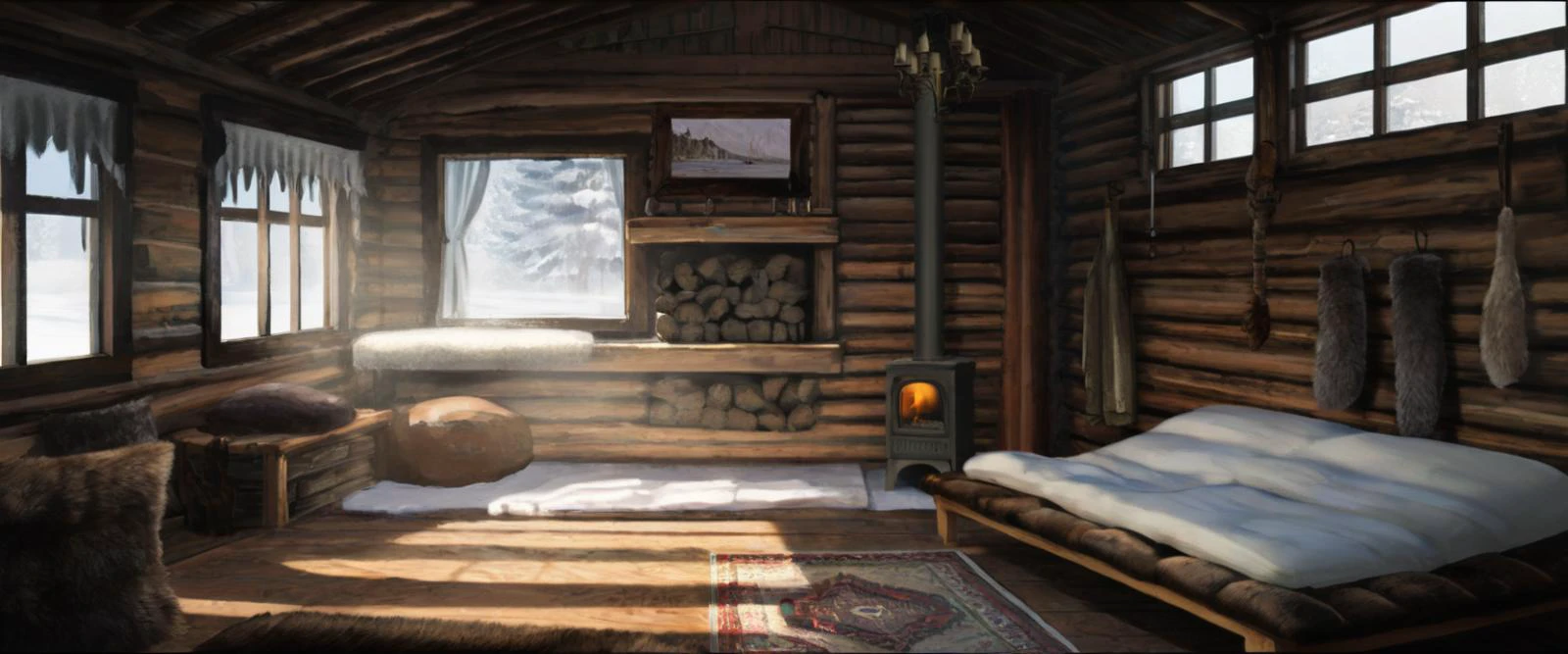 a wooden cabin interior during the morning with bright sunlight shining while raining with fur rugs and a fireplace, <lora:Detailed Interior Style SDXL v1:0.85>