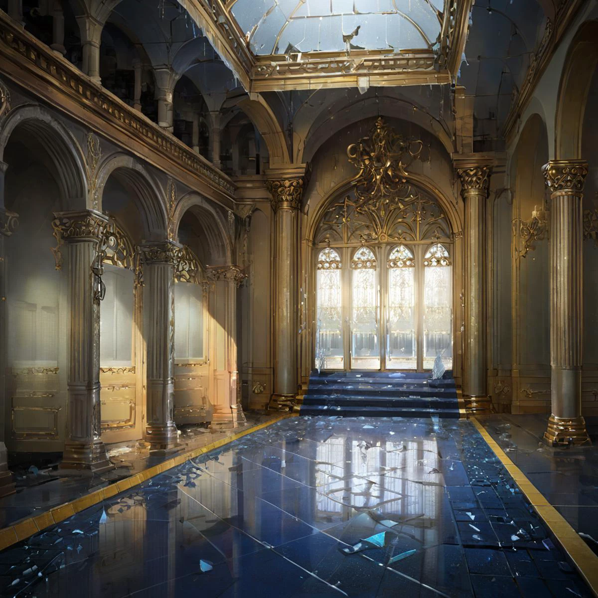 (A broken figure of a woman, shattered into a million pieces on a diamond encrusted ballroom floor. Broken glass, broken figure, shattered doll:2) Elegant, ornate, expensive, fleur-de-lis, royal, cashmere, checkerboard flooring, masonic pillars, heavy shadows, darkened interior.,,,,,,,,, wet, broken windows, atmospheric, apocalyptic, horror, ultra realistic, (4k:1.12), detailed, digital art, Greg Rutkowski, Charlie Bowater, Andreas Rocha, greescidon, bastien lecouffe-theti, trending on ArtStation, Epic, D
<lora:wowifierV3:1> <lora:SDXLHighDetail_v5:1> <lora:add-detail-xl:1> <lora:d\EnvyFlourishesXL01:1> <lora:quality1:1> <lora:great_lighting:1> <lora:gorgoeus_splash_of_vibrant_paint:1> <lora:extremely_detailed:1> <lora:photorealistic_portrait:1> <lora:Detailed Interior Style SDXL v1:1>