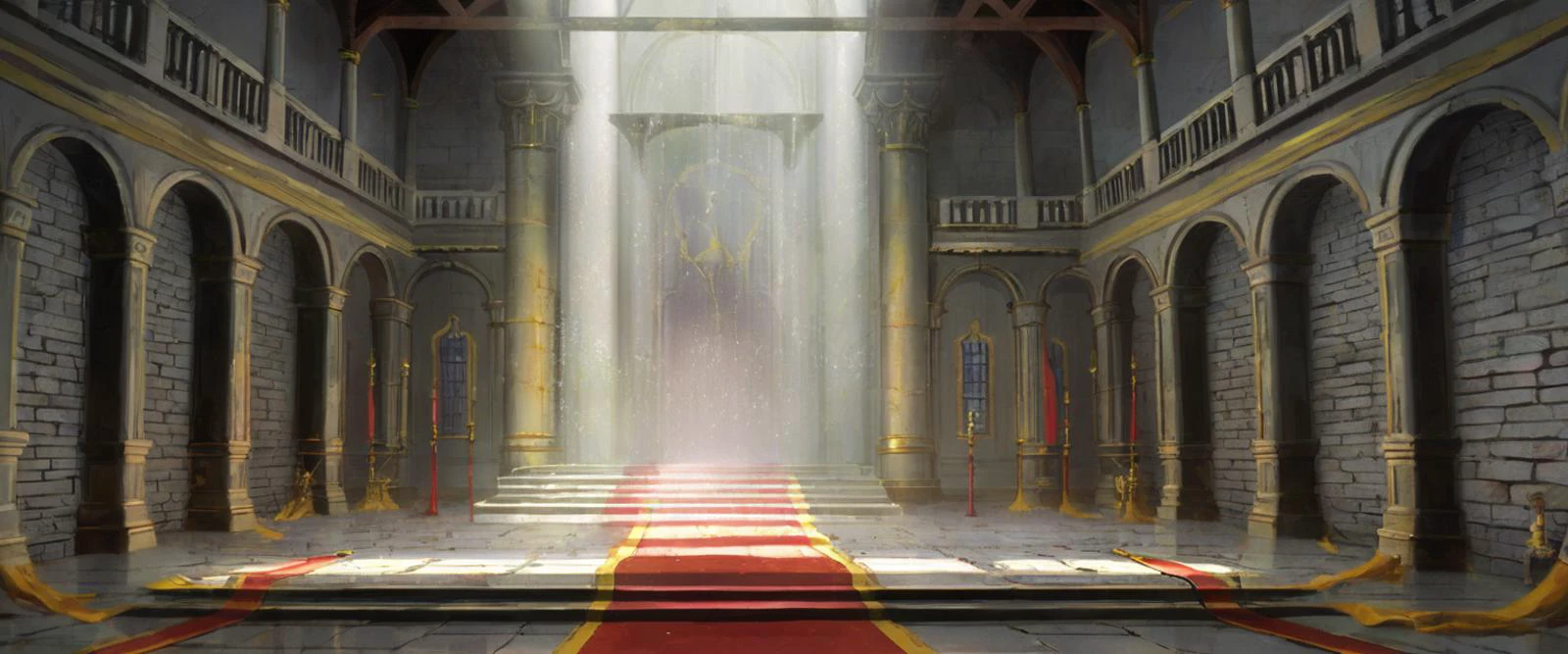 a castle interior during the morning with bright sunlight shining while raining, <lora:Detailed Interior Style SDXL v1:0.85>