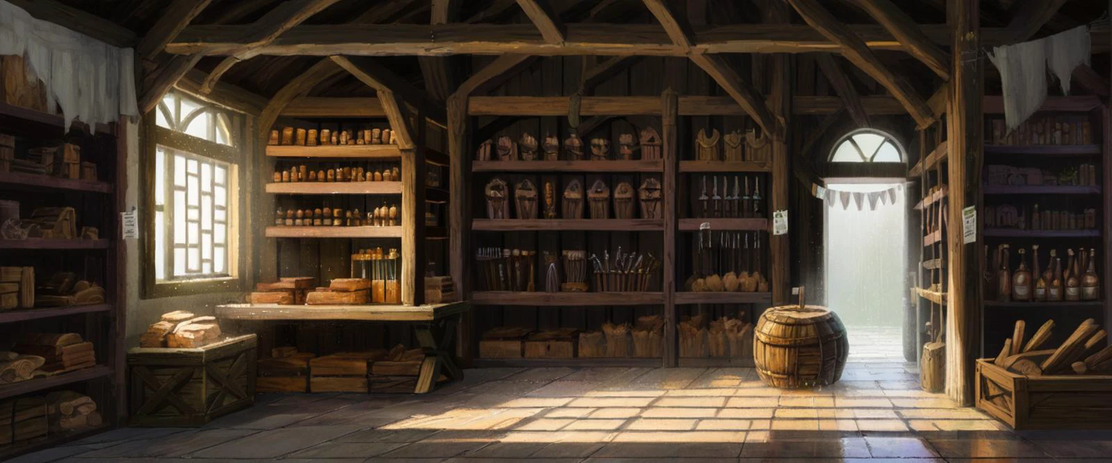 a beautiful medieval wooden store front during the day with sun rays shining through the window on a rainy day, <lora:Detailed Interior Style SDXL v1:0.85>