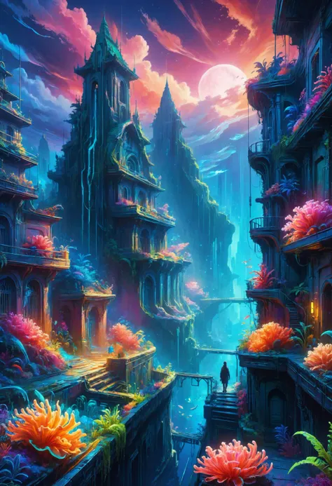 A coral labyrinth with iridescent walls, home to elusive sea creatures that navigate the maze with grace, leaving trails of glowing bio trails in their wake, Cyberpunk detective in neon-lit cityscape in the foreground, <lora:Rainbow_Style:0.6>, <lora:Dreamyvibes artstyle SDXL - Trigger with dreamyvibes artstyle:0.7> Dreamyvibes Artstyle, <lora:Detailed Interior Style SDXL v1:0.7>, <lora:RMSDXL_Creative:0.4>