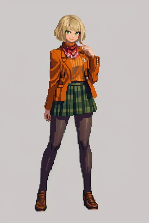 masterpiece, best quality, solo, 1girl, looking at viewer, smile, <lora:ashleygraham-nvwls-v1:0.9>, ashley graham, green eyes, red neckkerchief, orange jacket, orange sweater, green miniskirt, pantyhose, <lora:SNK-Kof_sprites_Fp:0.8>,simple background, full body,