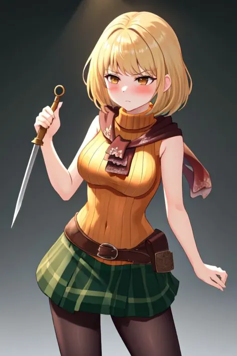 (masterpiece, best quality, detailed, good anatomy:1.125), (cowboy shot:1.25), (dynamic pose:1.2),
<lora:ashleygraham-nvwls-v1:1> <lyco:GoodHands-beta2:1>,
(1girl, solo:1.3), (ashley graham, brown eyes, bangs, red scarf, orange sweater, sleeveless turtleneck, green miniskirt, belt, pantyhose:1.25), (tight clothes, medium-large breasts:1.125), (cute face, athletic:1.25), 
(blush, determined, nervous, serious, disgust:1.25), (fighting stance:1.25),
(wandering, exploring, walking:0.75),
<lyco:UnlimitedBladeWorks1.6:1>, (holding daggers:1.25), (backroom, no humans, VHS tape style, ((radio static)), the backrooms, musty, plain yellow corridor, ceiling lights, shadow, simple design, eerie, ((liminal space)))