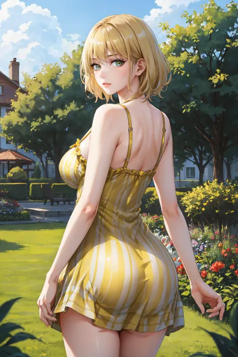 masterpiece, best quality, <lora:ashleygraham-nvwls-v1-000009:0.9> ashley graham, green eyes, (yellow sundress:1.4), from behind, garden, village, grey sky, looking at viewer, worried, large breasts