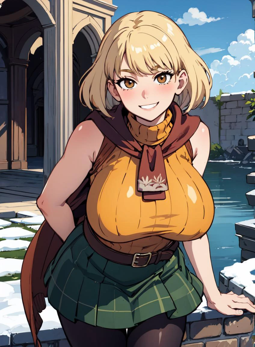 4k, fine detail, masterpiece, high quality eyes, high detail painting, soft shadows, best character art , 1 girl, solo girl, half nude, open clothes,massive breasts, brown eyes, smile, blush,mischievous grin, blonde hair, bangs, red scarf, orange sweater, sleeveless turtleneck, green miniskirt, belt, pantyhose, castle, castle ruins, snow, clouds <lora:ashleygraham-nvwls-v1:0.8>