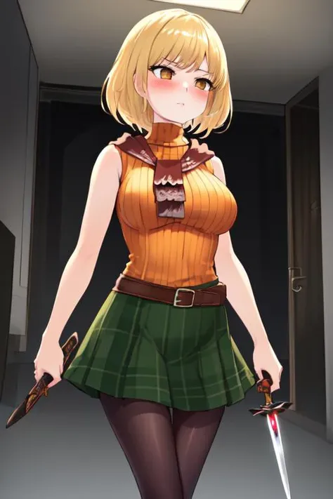 (masterpiece, best quality, anime style, detailed, good anatomy:1.125), (dynamic pose:1.2),
<lora:ashleygraham-nvwls-v1:1> <lyco:GoodHands-beta2:1>,
(1girl, solo:1.3), (ashley graham, brown eyes, bangs, red scarf, orange sweater, sleeveless turtleneck, green miniskirt, belt, pantyhose:1.25), (tight clothes, medium-large breasts:1.125),
(blush, nervous, serious, disgust:1.25),
(wandering, exploring, walking:1.25),
<lyco:UnlimitedBladeWorks1.6:1>, (holding daggers:1.25),, (backroom, no humans, VHS tape style, ((radio static)), the backrooms, musty, plain yellow corridor, ceiling lights, shadow, simple design, eerie, ((liminal space)))