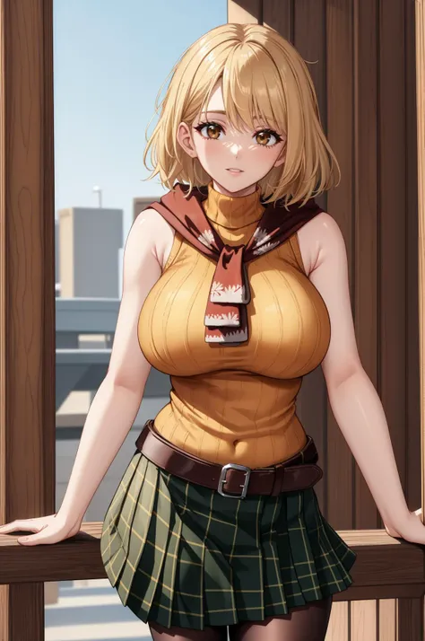masterpiece, best quality, solo, mature female, large breasts, looking at viewer, <lora:ashleygraham-nvwls-v1:0.8> ashley graham, brown eyes, bangs, red scarf, orange sweater, sleeveless turtleneck, green miniskirt, belt, pantyhose