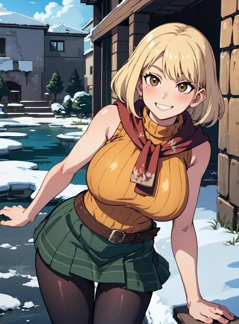 4k, fine detail, masterpiece, high quality eyes, high detail painting, soft shadows, best character art , 1 girl, solo girl, half nude, open clothes,massive breasts, brown eyes, smile, blush,mischievous grin, blonde hair,  bangs, red scarf, orange sweater, sleeveless turtleneck, green miniskirt, belt, pantyhose, castle, castle ruins, snow, clouds  <lora:ashleygraham-nvwls-v1:0.8>