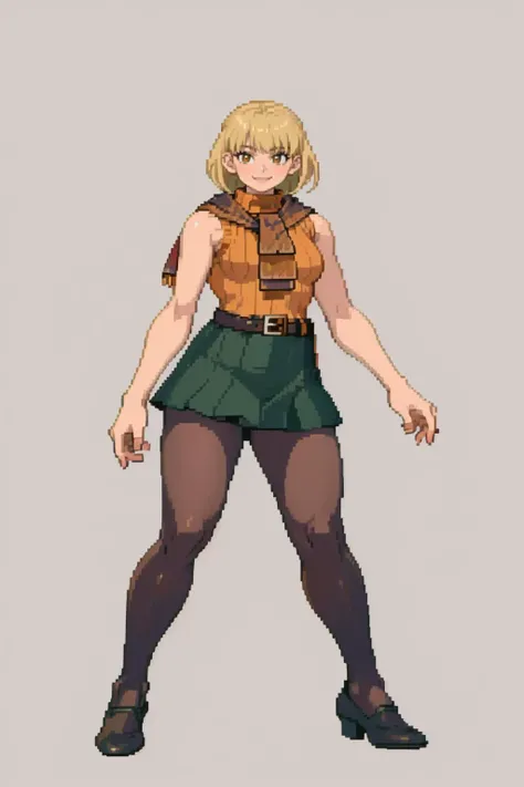 masterpiece, best quality, solo, 1girl, looking at viewer, smile, <lora:ashleygraham-nvwls-v1:0.9>, ashley graham, brown eyes, bangs, red scarf, orange sweater, sleeveless turtleneck, green miniskirt, belt, pantyhose, <lora:_Fp:0.8>, simple background, full body,