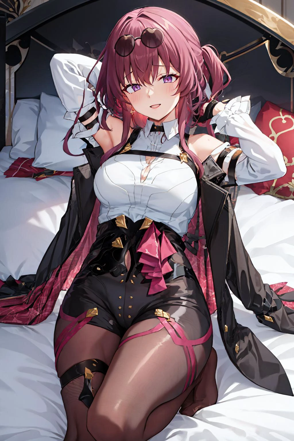 masterpiece, best quality, <lora:kafka-nvwls-v1-final:0.9> kafka, purple eyes, sunglasses on head, black jacket, collared shirt, black shorts, pantyhose, seiza, bed, arms behind head, smile <lora:hagoonha-Style-000042:1>