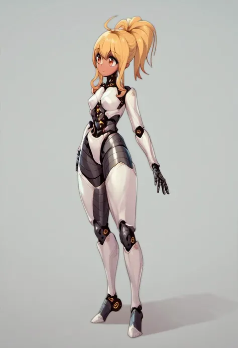 ((<lora:Chika_Chosokabe_from_LIL_PonyXL:0.8>, chika, 1girl, solo, blonde hair, ponytail, ahoge) hybrid with (Robot Female)), metallic skin, glowing, scifi setting, full body, score_9, score_8_up, score_7_up, score_6_up, score_5_up, score_4_up