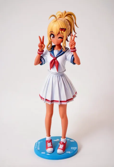 figurine, photo, kotobukiya, <lora:Chika_Chosokabe_from_LIL_PonyXL:0.8>, chika, 1girl, solo, blonde hair, kogal, sailor collar, serafuku, ahoge, ponytail, full body, double v, wink, one eye closed, smile, score_9, score_8_up, score_7_up, score_6_up, score_5_up, score_4_up