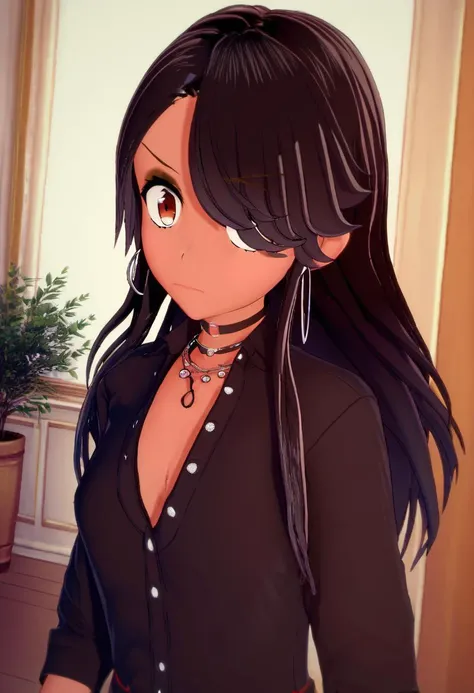 <lora:Chika_Chosokabe_from_LIL_PonyXL:1>, chika, jewelry, earrings, solo, black hair, looking at viewer, necklace, 1girl, choker, hoop earrings, shirt, upper body, hair over one eye, breasts, black shirt, bangs, closed mouth, small breasts, black choker, masterpiece, best quality, score_9, score_8_up, score_7_up, score_6_up, score_5_up, score_4_up