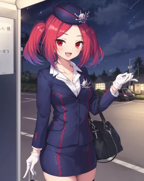 1girl, tgu, red hair, red eyes, twintails, blazer, pencil skirt, cap, black legwear, white gloves, collarbone,
outdoors, bus stop, night sky, >:D,
<lora:TGU e6:1>