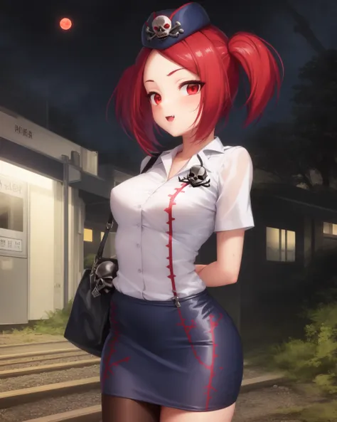 1girl, solo, red hair, red eyes, twintails, employee uniform, pencil skirt, skull print, navy cap, fang, black legwear, white gloves,
outdoors, train station, standing in front of bus, dark sky, red moon, arms behind back,
<lora:TGU e6:1>