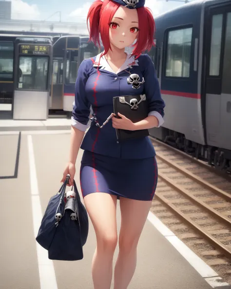 1girl, solo, red hair, red eyes, twintails, employee uniform, pencil skirt, skull print, navy cap, orange sky,
outdoors, train station, standing in front of bus,
<lora:TGU e6:1>