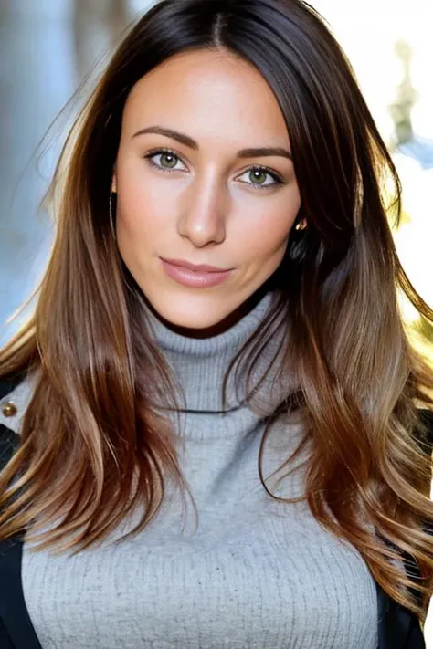 close up portrait of delphineW, 1girl, solo, skinny, (gentle smile:1.2), blazer, turtleneck shirt, standing, street, sfw, masterpiece, best quality, bust photoshot, face focus <lora:DelphineW:1.0.95> <lora:epiNoiseoffset_v2:1>