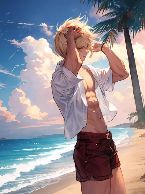 masterpiece,best quality,highres,cinematic lighting,dramatic angle,<lora:CygamesAlbert&YuriusV1-000018:0.8> ,albert,1boy,blonde hair,short hair,red eyes,seaside,white shirt,open shirt,muscular,red shorts,adjusting hair,palm trees,holding weapon,electricity,lightning,sword,looking at viewer,serious,cowboy shot,smile,parted lips,sandals,relaxed