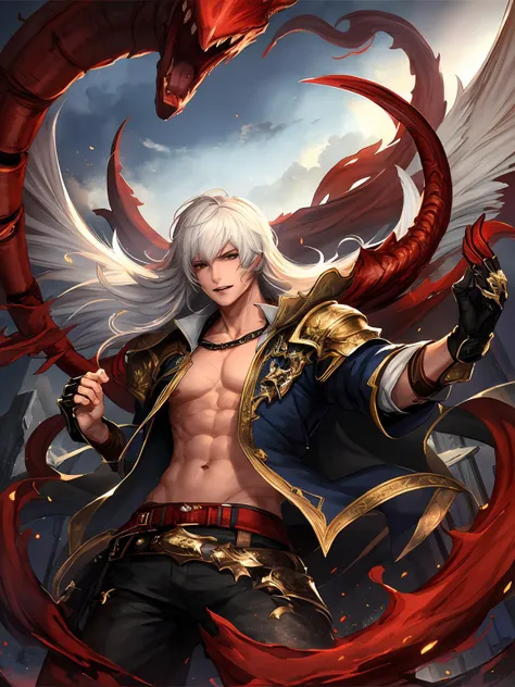 masterpiece,best quality,highres,cinematic lighting,dramatic angle,<lora:CygamesAlbert&YuriusV1-000018:0.8>,1boy,yurius,white hair,long hair, yellow eyes,armor,blue open jacket,muscular,cleavage,long sleeves,cape,gloves,ribbons,leather jeans,boots,red sky,chaos,ruins,cowboy shot,looking at viewer,portrait,floating hair,tentacles,wings,holding sword,:d,happy,raised eyebrows,dark magic,monster,teeth,darkness,nightmare,dark clouds,black clouds,(dim:1.2),evil