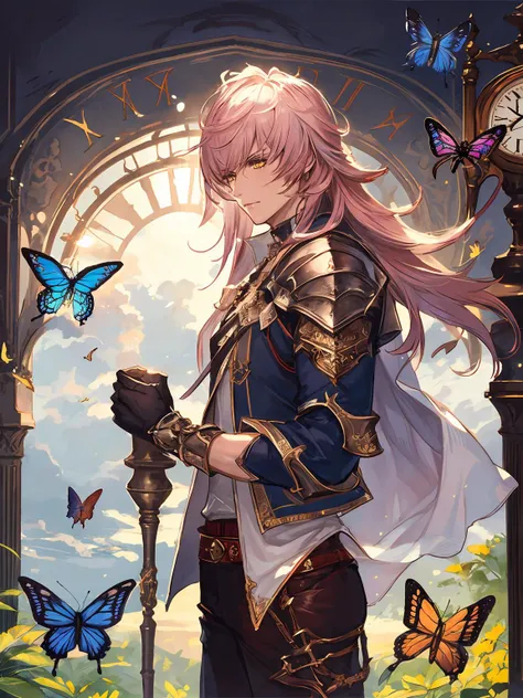 masterpiece,best quality,highres,cinematic lighting,dramatic angle,<lora:CygamesAlbert&YuriusV1-000018:0.8>,1boy,yurius,pink hair,long hair, yellow eyes,armor,collar,blue open jacket,white shirt,long sleeves,cape,gloves,ribbons,sash,leather jeans,boots,holding staff,clock,garden,butterfly