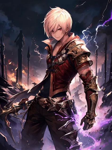 masterpiece,best quality,highres,cinematic lighting,dramatic angle,<lora:CygamesAlbert&YuriusV1-000018:0.8>  ,albert,1boy,blonde hair,short hair,red eyes,black armor,scarf,holding weapon,electricity,lightning,sword,action pose,dynatic angle,looking at viewer,serious,gloves,cowboy shot,Thunderous Doom,evil smile,shaded face,black theme,purple lightning,dark lights,dark lightning