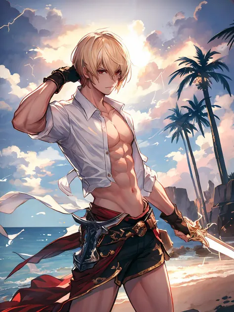 masterpiece,best quality,highres,cinematic lighting,dramatic angle,<lora:CygamesAlbert&YuriusV1-000018:0.8> ,albert,1boy,blonde hair,short hair,red eyes,seaside,white shirt,open shirt,muscular,red shorts,adjusting hair,palm trees,holding weapon,electricity,lightning,sword,action pose,dynatic angle,looking at viewer,serious,gloves,cowboy shot,