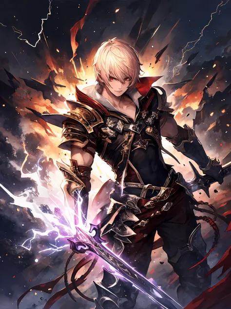 masterpiece,best quality,highres,cinematic lighting,dramatic angle,<lora:CygamesAlbert&YuriusV1-000018:0.8>  ,albert,1boy,blonde hair,short hair,red eyes,black armor,scarf,holding weapon,electricity,lightning,sword,action pose,dynatic angle,looking at viewer,serious,gloves,cowboy shot,Thunderous Doom,evil smile,shaded face,black theme,purple lightning,dark lights,dark lightning