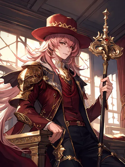 masterpiece,best quality,highres,cinematic lighting,dramatic angle,1boy,<lora:CygamesAlbert&YuriusV1-000018:0.8>,yurius,pink hair,long hair,staff,hat,red suit,jacket,cape,belt,ribbon,cowboy shot,looking at viewer,indoors,smile,close-up,sitting,from below,holding red wine