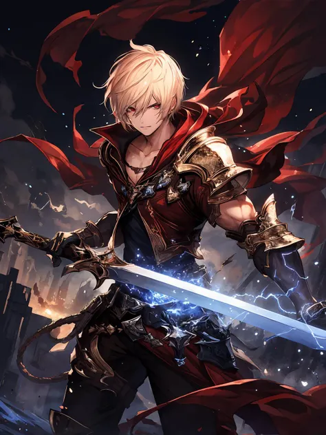 masterpiece,best quality,highres,cinematic lighting,dramatic angle,<lora:CygamesAlbert&YuriusV1-000018:0.8>  ,albert,1boy,blonde hair,short hair,red eyes,black armor,scarf,holding weapon,electricity,lightning,sword,action pose,dynatic angle,looking at viewer,serious,gloves,cowboy shot,Thunderous Doom,evil smile,shaded face,black theme,purple lightning,dark lights,dark lightning,unsheathing