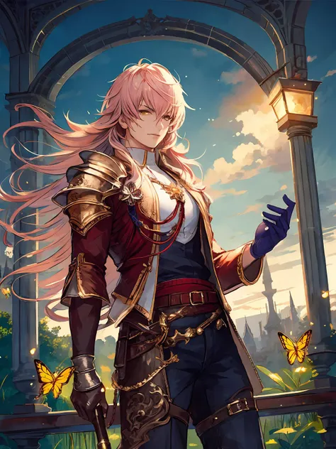 masterpiece,best quality,highres,cinematic lighting,dramatic angle,<lora:CygamesAlbert&YuriusV1-000018:0.8>,1boy,yurius,pink hair,long hair, yellow eyes,armor,collar,blue open jacket,white shirt,long sleeves,cape,gloves,ribbons,sash,leather jeans,boots,holding staff,clock,garden,butterfly,cowboy shot,looking at viewer,portrait,smile,floating hair