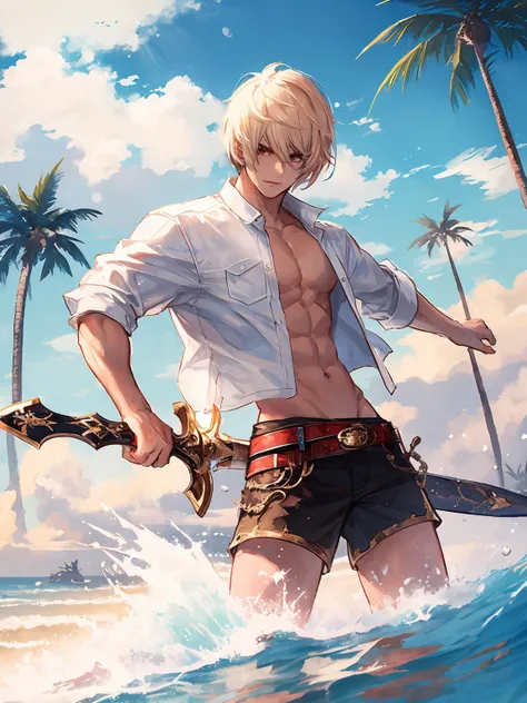 masterpiece,best quality,highres,cinematic lighting,dramatic angle,<lora:CygamesAlbert&YuriusV1-000018:0.8> ,albert,1boy,blonde hair,short hair,red eyes,seaside,white shirt,open shirt,muscular,red shorts,adjusting hair,palm trees,holding weapon,electricity,lightning,sword,action pose,dynatic angle,looking at viewer,serious,cowboy shot,smile,parted lips