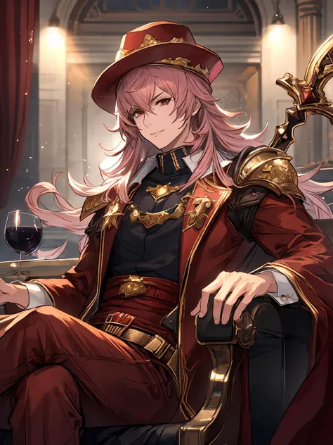 masterpiece,best quality,highres,cinematic lighting,dramatic angle,1boy,<lora:CygamesAlbert&YuriusV1-000018:0.8>,yurius,pink hair,long hair,staff,hat,red suit,jacket,cape,belt,ribbon,cowboy shot,looking at viewer,indoors,smile,close-up,sitting,from below,holding red wine