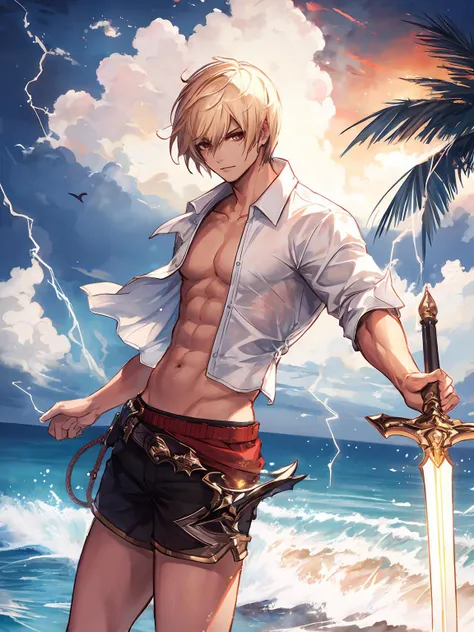 masterpiece,best quality,highres,cinematic lighting,dramatic angle,<lora:CygamesAlbert&YuriusV1-000018:0.8> ,albert,1boy,blonde hair,short hair,red eyes,seaside,white shirt,open shirt,muscular,red shorts,adjusting hair,palm trees,holding weapon,electricity,lightning,sword,looking at viewer,serious,cowboy shot,smile,parted lips,sandals,relaxed