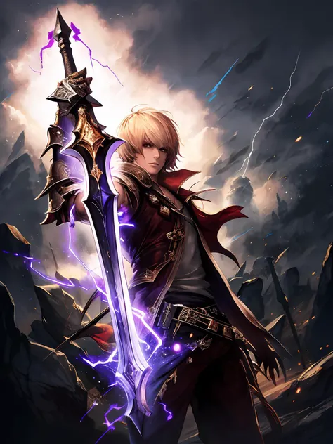 masterpiece,best quality,highres,cinematic lighting,dramatic angle,<lora:CygamesAlbert&YuriusV1-000018:0.8>  ,albert,1boy,blonde hair,short hair,red eyes,armor,scarf,holding weapon,electricity,lightning,sword,action pose,dynatic angle,looking at viewer,serious,gloves,cowboy shot,Thunderous Doom,evil smile,shaded face,black theme,purple lightning