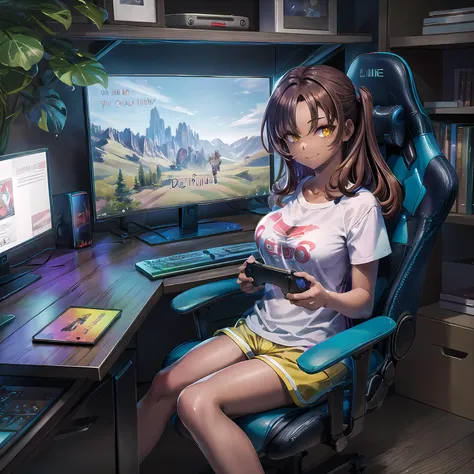 hires,high quality,best quality,1girl,mature female,game controller, shirt,(dark skin:1.2),(dark skinned female:1.2), yellow eyes,smirk, long hair, (holding game controller:1.2),large breasts, brown hair, monitor, posters, shelf, plant, figurine,gaming-room, gaming chair, sitting on chair, playing games,focused expression,game on screen,controller, gamepad, shorts, crossed legs
<lora:Gaming Room:1>  <lora:Add Detail:0.5>