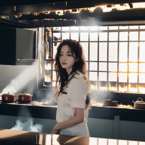(1girl), korean girl, solo, messy_hair, long_hair, looking_at_phone, perfect face,
wearing(chef uniform), slim body, shiny skin, sweat,
selfie cam, (hard-light, rim light), 
indoors, (kitchen set on fire background, :1.5), (summer film:1.15)
(photorealistic, realistic, masterpiece), (8k, Extreamly high detailed, incredibly absurdres, best quality),
