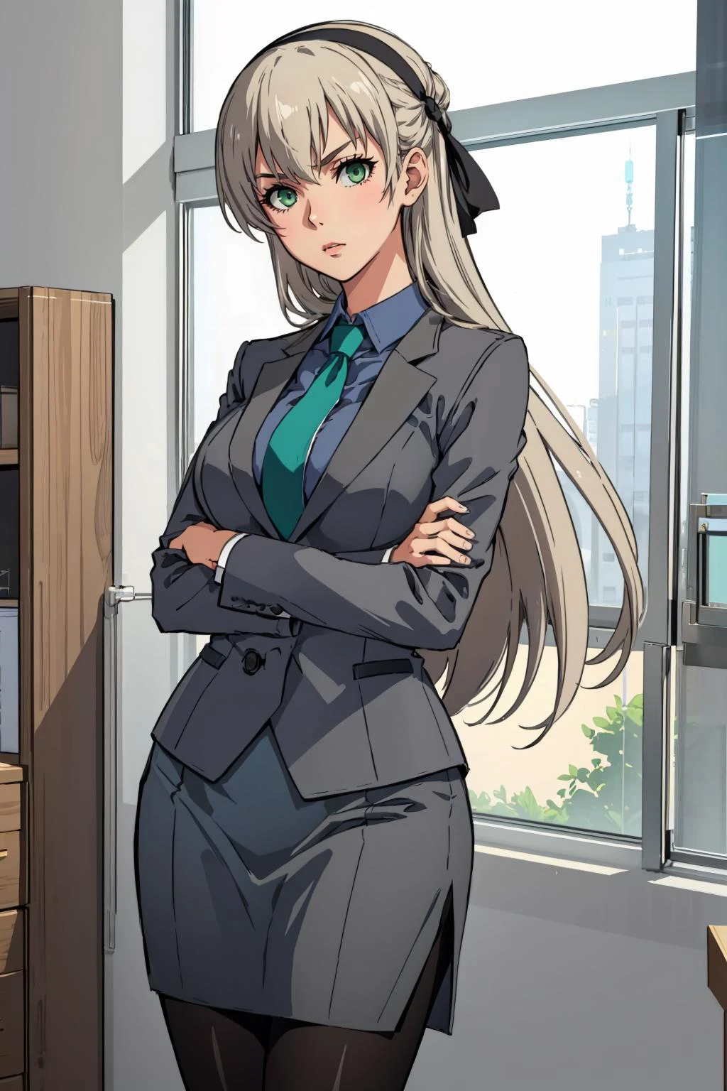 masterpiece, best quality, <lora:edgPencilDressv3:1> edgpdress, wearing edgpdress, formal, grey suit, grey jacket <lora:elie-nvwls-v2-sen4:0.8> elie macdowell, green eyes, blue necktie, hairband, hair ribbon, furrowed brow, crossed arms, head tilt, office, large breasts, pantyhose