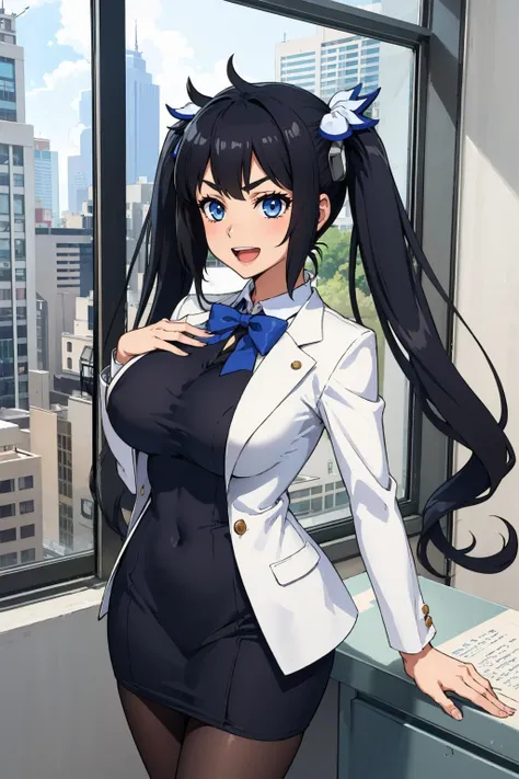 masterpiece, best quality,   <lora:edgPencilDressv3:1> edgpdress, wearing edgpdress, formal, white suit, white jacket  <lora:hestia-nvwls-v1:0.8> defhestia, twintails, hair ornament, large breasts, :D, furrowed brow, office, pantyhose