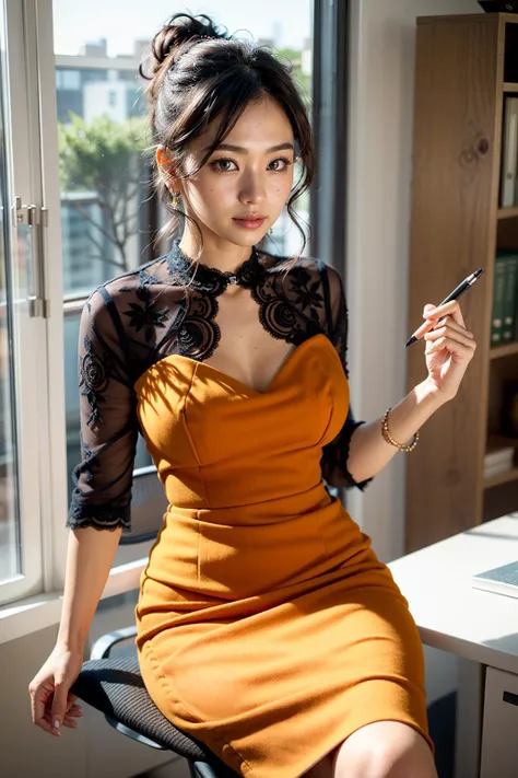 (realistic:1.3), finely detailed, quality, rembrandt lighting, (masterpiece:1.2), (photorealistic:1.2), (best quality), (detailed skin:1.3), (intricate details), dramatic, ray tracing, 1girl, japanese girl, 21 years old, detailed skin texture, (blush:0.5), (goosebumps:0.5), subsurface scattering, smiling, medium breasts, updo hair, bangs, hair between eyes, jewelry, edgpdress, wearing a edgpdress, formal, office lady, pencil skirt, skirt suit, jacket, wearing a pencil dress, (lace overlay, embroidery:1.1), sitting on chair, (bright sunny day, office, desk, writing materials, window), <lora:edgPencilDress_MINI:1>