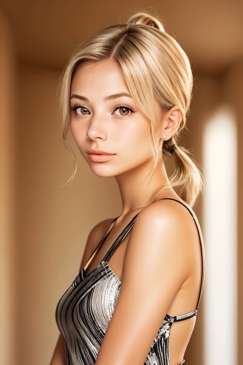headshot photo of <lora:sd15_FranceskaFournier_v2:.9> FranceskaFournier glamour photography young invisible makeup, focus on face, wearing a <lora:edgPencilDress_MINI:0.8> edgpdress , her hair is styled as low ponytail hair,