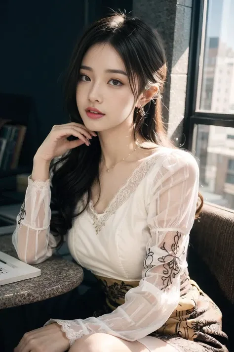 (realistic:1.3), finely detailed, quality, rembrandt lighting, (masterpiece:1.2), (photorealistic:1.2), (best quality), (detailed skin:1.3), (intricate details), dramatic, ray tracing, 1girl, japanese girl, 21 years old, detailed skin texture, (blush:0.5), (goosebumps:0.5), subsurface scattering, smiling, medium breasts, updo hair, bangs, hair between eyes, jewelry, edgpdress, wearing a edgpdress, pencil_dress, (lace overlay, embroidery, puffy sleeves:1.2), office lady, formal, sitting, chair, dynamic pose, (bright sunny day, office, desk, writing materials, window), <lora:edgPencilDress_MINI:0.8>, <lora:asian_beauty_v2:0.8>