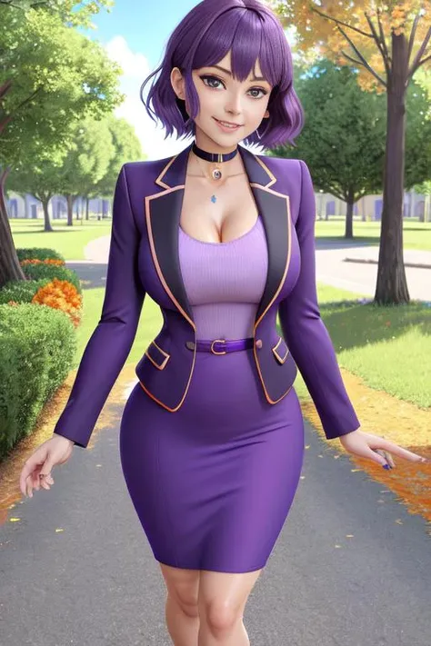 full body, professional photo, photorealistic, best quality, masterpiece, official art, perfect face, beautiful, extremely detailed CG unity 8k wallpaper, girl in the middle of an empty park, short hair, dark purple hair, smile, pencil_dress, a woman wearing a (purple pencil_dress with a belt and a orange blazer), narrow waist, wide hips, thick thighs, choker, <lora:Vestido_Pencil:0.765>