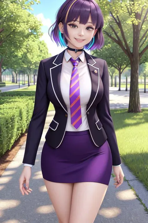 full body, professional photo, photorealistic, best quality, masterpiece, official art, perfect face, beautiful, extremely detailed CG unity 8k wallpaper, girl in the middle of an empty park, short hair, dark purple hair, smile, pencil_dress, a woman wearing a (buttonned blazer, white shirt, multicolor necktie), narrow waist, wide hips, thick thighs, choker, <lora:Vestido_Pencil:0.765>