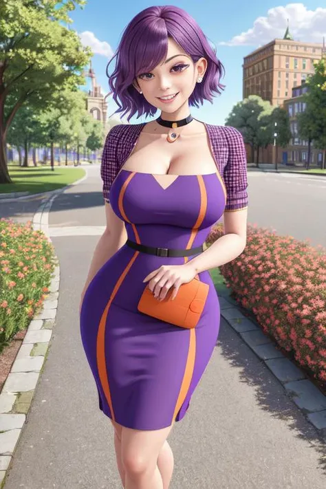 full body, professional photo, photorealistic, best quality, masterpiece, official art, perfect face, beautiful, extremely detailed CG unity 8k wallpaper, girl in the middle of an empty park, short hair, dark purple hair, smile, pencil_dress, a woman wearing a (purple and orange checkered pencil_dress), narrow waist, wide hips, thick thighs, choker, <lora:Vestido_Pencil:0.765>