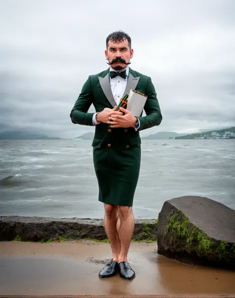 full body shot, detailed photo of (masculine:1.1) (man:1.1) wearing a [:(pencil_dress:1.45):0.1], face, legs, mustacho, sea, rainy weather, storm
  <lora:hauteCouturePencil_v10:1>, [32k|16k|best-quality], professional photo, (centered-in-frame:1.2)