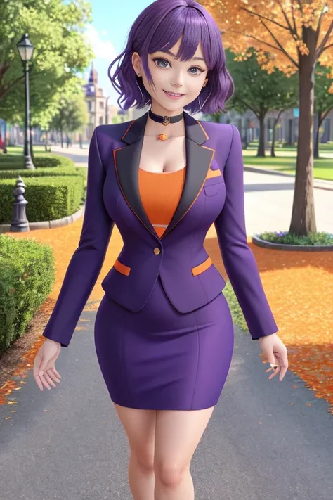 full body, professional photo, photorealistic, best quality, masterpiece, official art, perfect face, beautiful, extremely detailed CG unity 8k wallpaper, girl in the middle of an empty park, short hair, dark purple hair, smile, pencil_dress, a woman wearing a (orange pencil_dress, purple blazer with black lining), narrow waist, wide hips, thick thighs, choker, <lora:Vestido_Pencil:0.765>