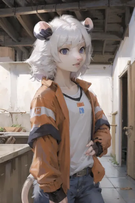 masterpiece, best quality, highres,solo, opossum ,worker suit ,white hair
<lora:opossum:0.8> ,furry rat girl