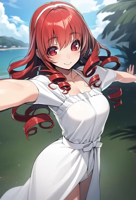 masterpiece, best quality, 1girl,red eyes,smile, outdoors, best quality, red hair, ringlets, outstretched arms, white sundress, by tsujisanta <lora:Tsuji-Style-XL-Animagine:1>
